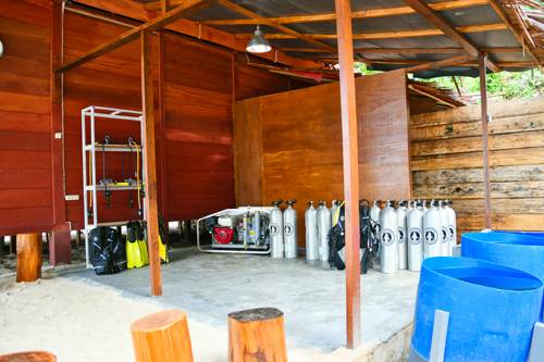 Dive center compressort, tank, mask and fins, Yeben Island, Raja Ampat