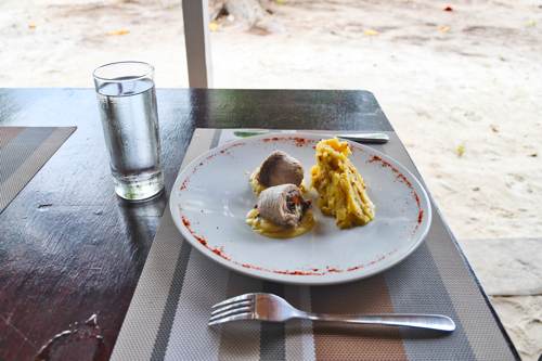 Chicken roulade meal prepared at Cove Eco Resort, Yeben Island, Raja Ampat